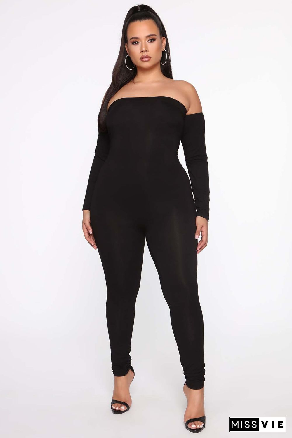 Slash Neck Long Sleeve Plus Size One Piece Jumpsuit