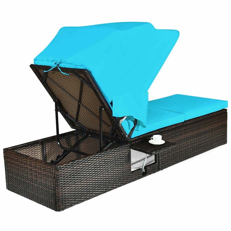 Cushioned Rattan Outdoor Chaise Lounge Chair Sun Lounger 5-Position with Folding Canopy & Flip-up Tea Table