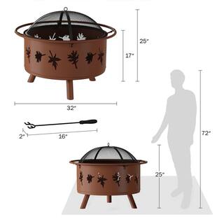 Pure Garden 32 in. W x 25 in. H Round Steel Wood Burning Outdoor Deep Fire Pit in Rugged Rust with Leaf Cutouts HW1500257