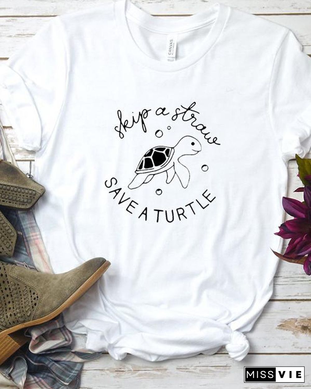 Skip A Straw Save A Turtle Shirt Womens Graphic Tee Short Sleeve