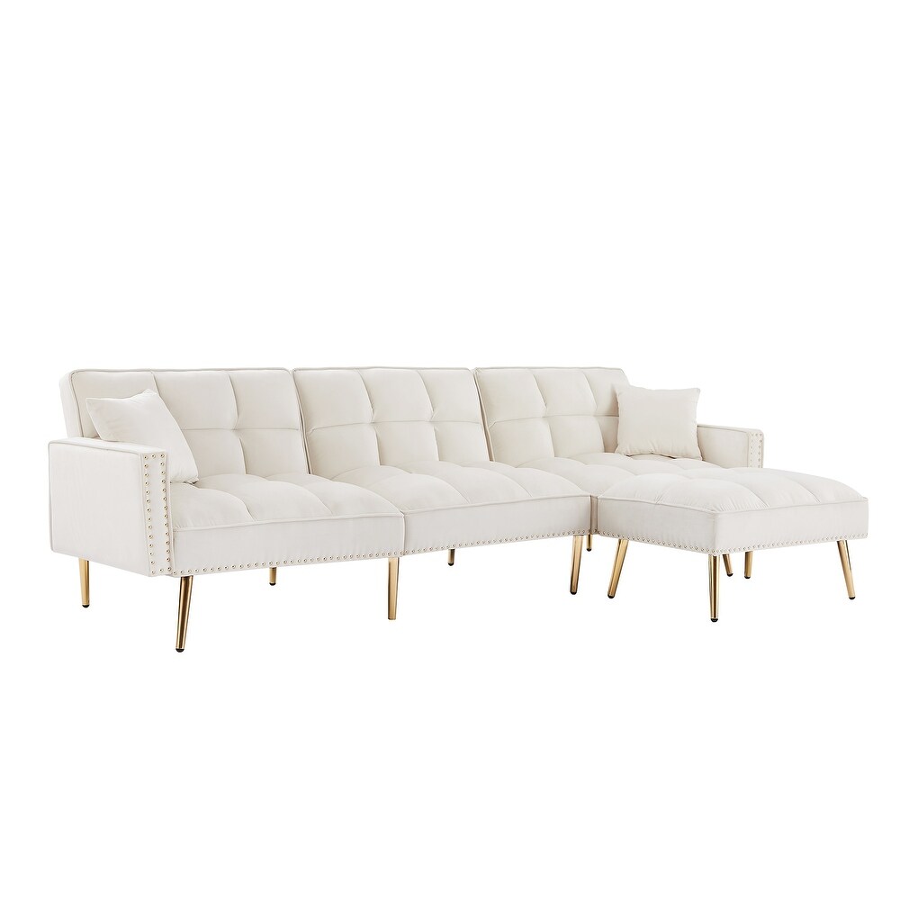 Velvet Upholstered Reversible Sectional Sofa Bed with Chaise Lounge