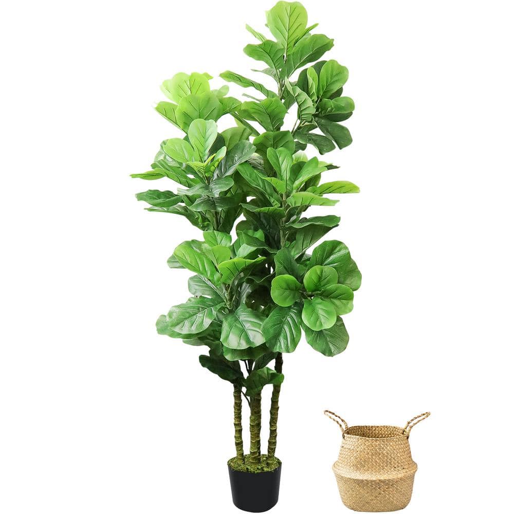 HOMLUX 72 in. Tropical Faux Artificial Fiddle Fig Tree Plants with 131 leaves ， Woven Seagrass Basket， Black Pot F6BD004A29