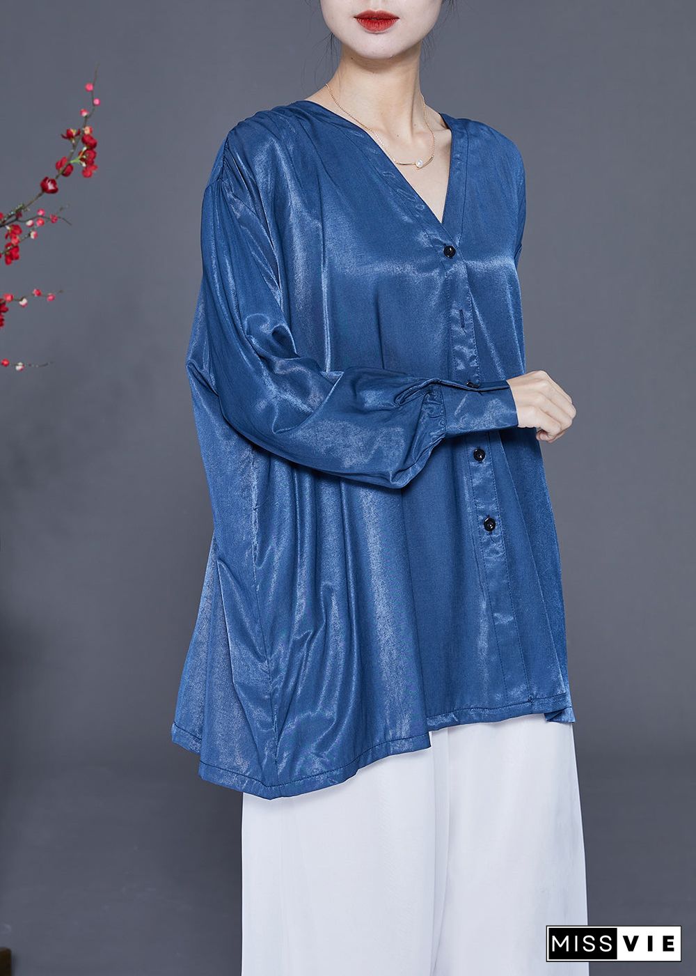 Original Design Blue V Neck Oversized Button Silk Shirt Top Spring