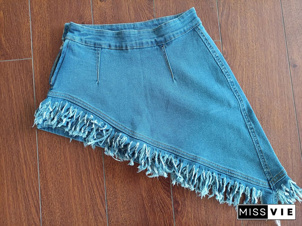 High Waist Tassel Hem Asymmetrical Denim Shorts