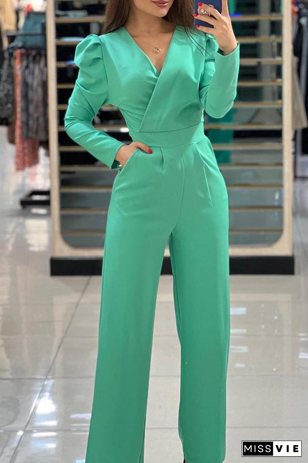 Casual Simplicity Solid Pocket V Neck Regular Jumpsuits