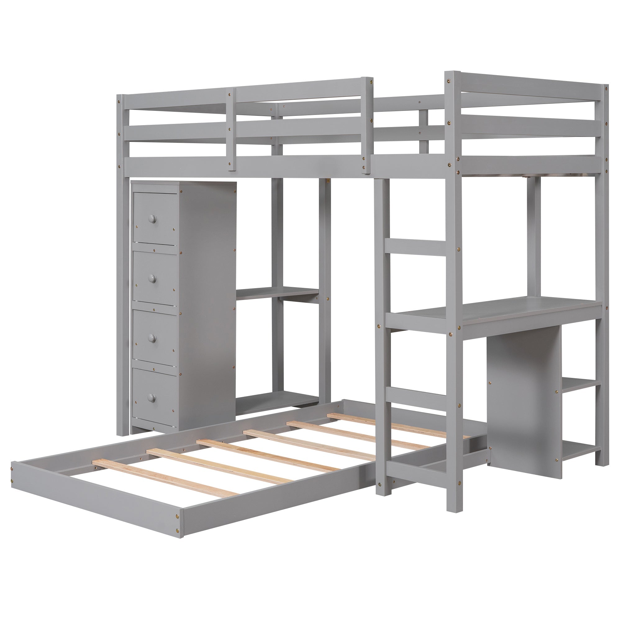 Euroco Twin Over Twin Loft Bed with Four Drawers and Ladder for Kids, Gray