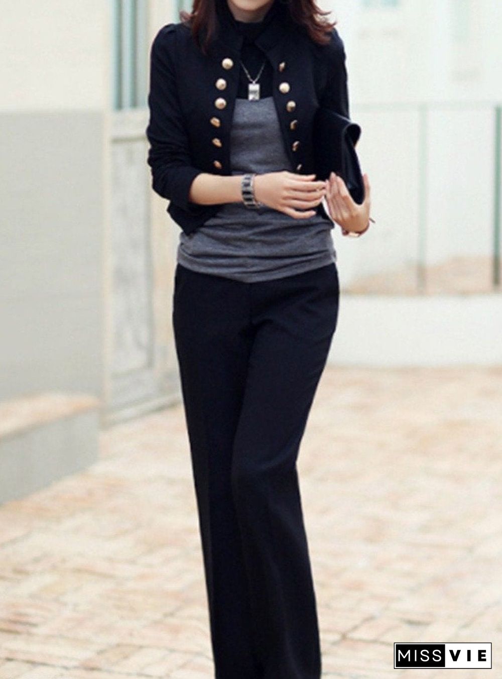 Ladylike Double Breasted Band Collar Blended Plain Blazer