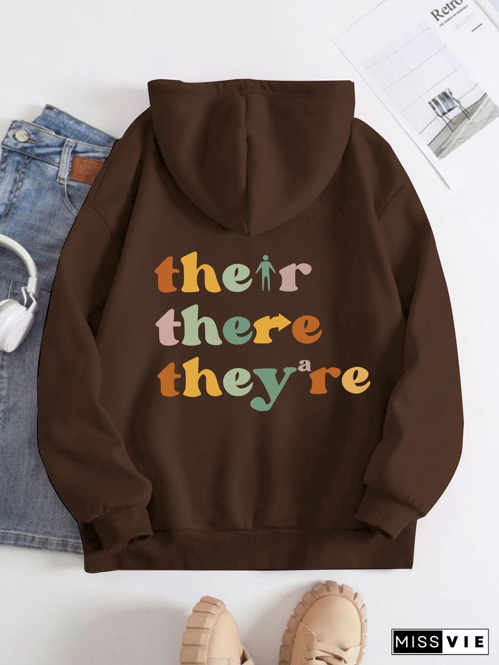 Printed on the Back Kangaroo Pocket Hoodie Long Sleeve for Women Pattern teacher