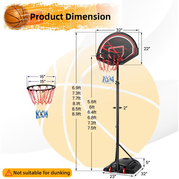 Costway 51836297 Portable Basketball Hoop Stand wi...