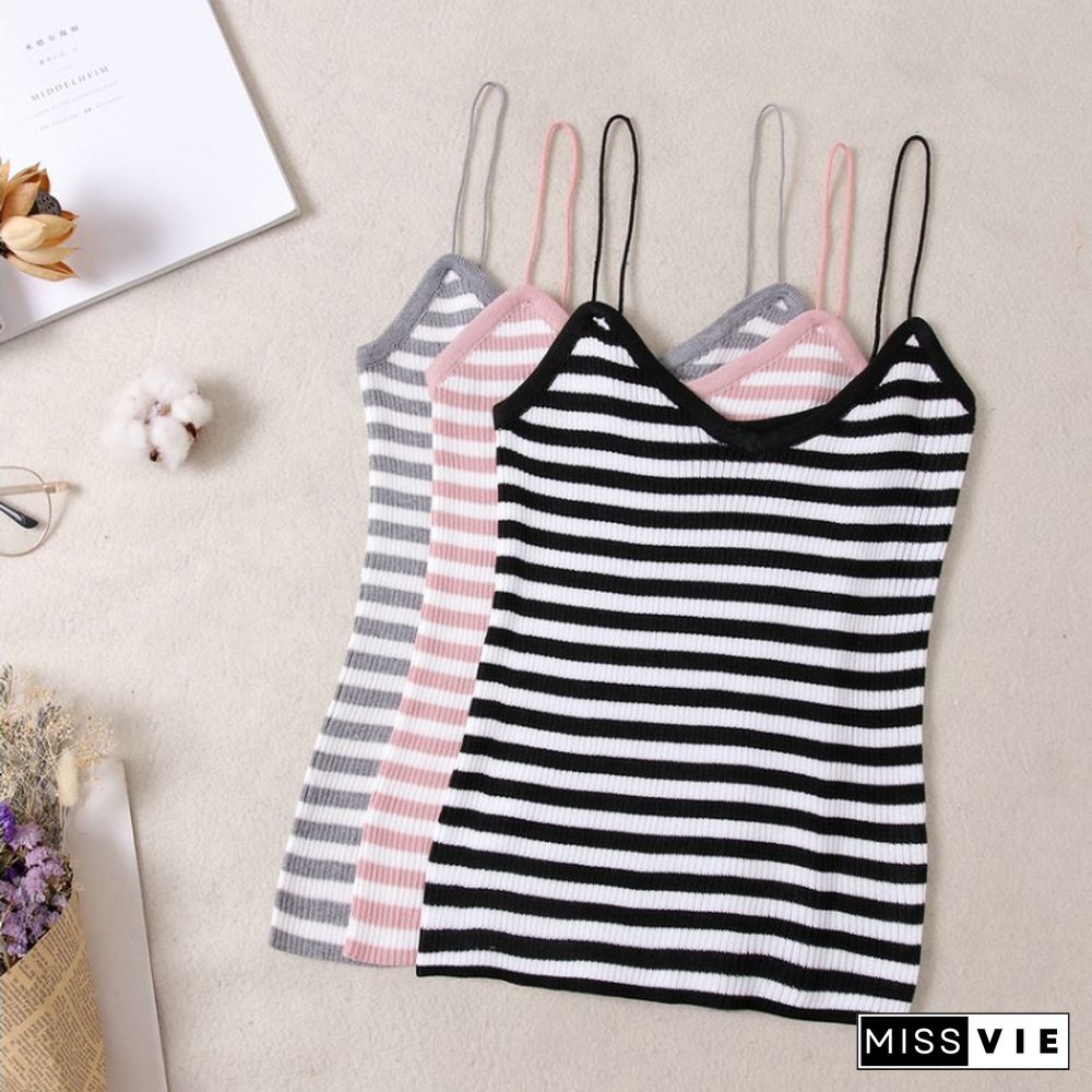 Women Knitted Tank Tops Sexy Spaghetti Strap Stretch Cropped Tops Striped Knit Camisole One Size Hot Sale Wdc4755