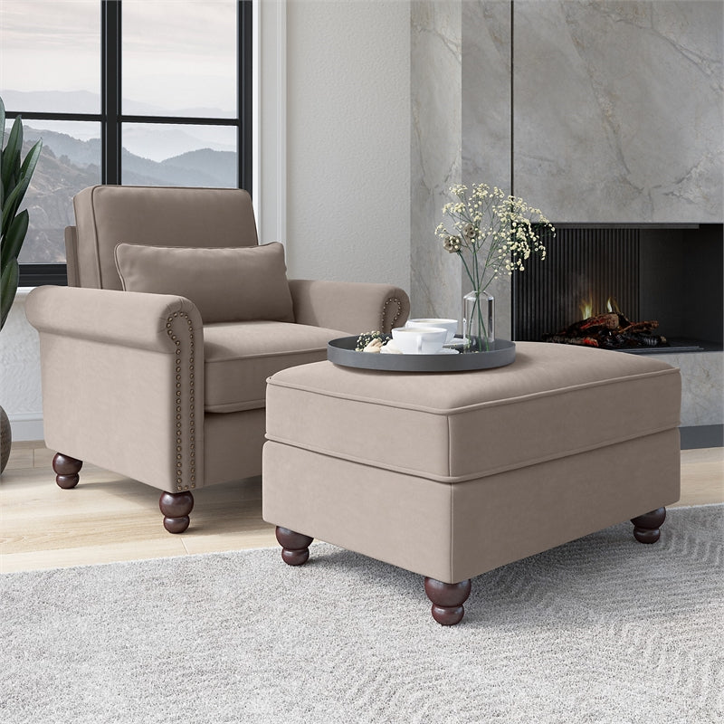 Coventry Accent Chair with Ottoman Set in Tan Microsuede Fabric