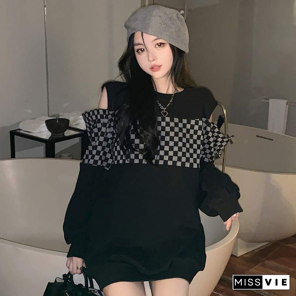 Lattice Print Cold Shoulder Loose Sweatshirt