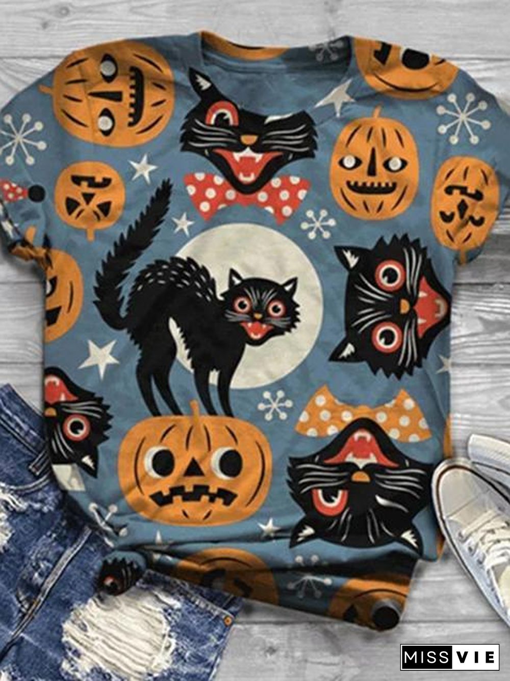 Halloween Animal Cat Print T-Shirt