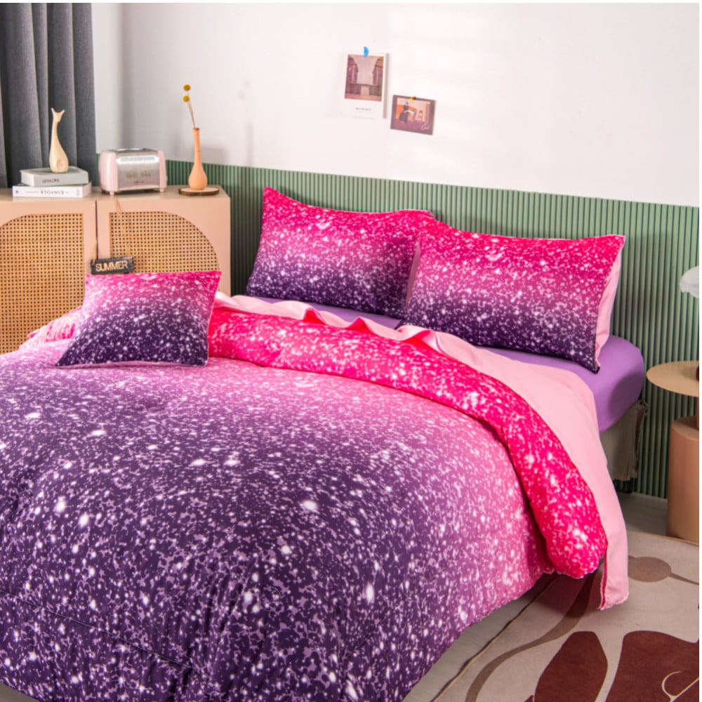 PERFEMET 6Pcs Twin Gradient Pink Purple Glitter Comforter Sets for Teens Girls Kids， Colorful Rainbow Glitter Themed Bedding Set