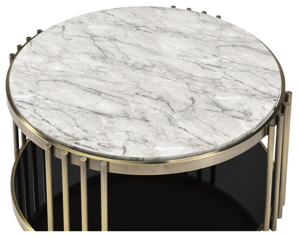 Coffee Table  Antique Brass Metal Frame With Black Glass Shelf  Faux Marble Top   Contemporary   Coffee Tables   by Declusia  Houzz