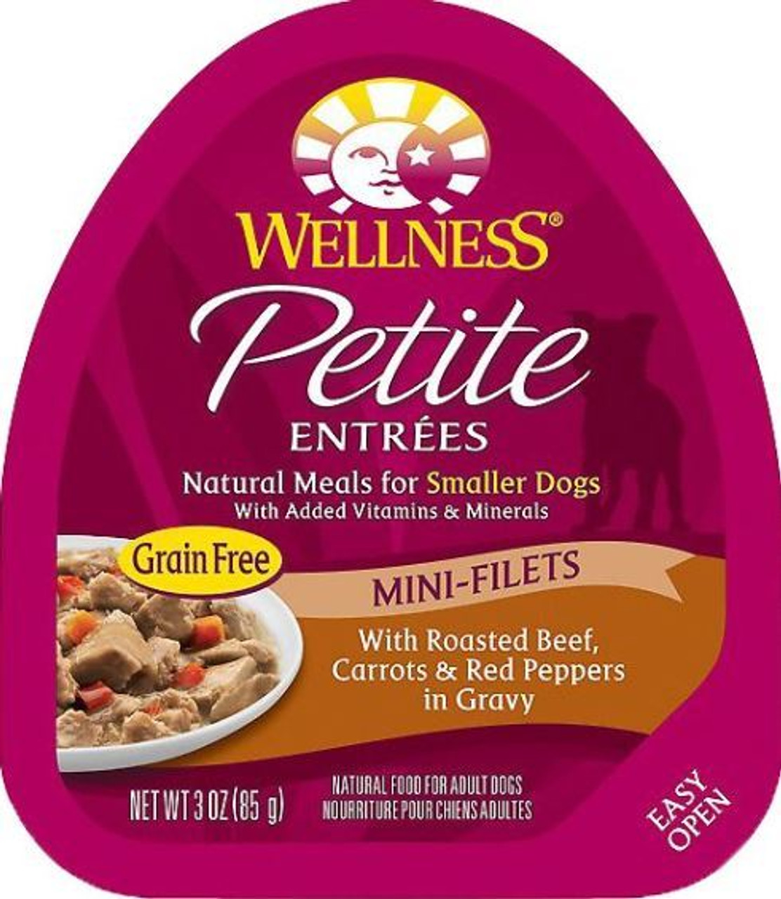 Wellness Petite Entrees Mini-Filets With Roasted Beef， Carrots and Red Peppers In Gravy Grain-Free Wet Dog Food， 3 Oz.