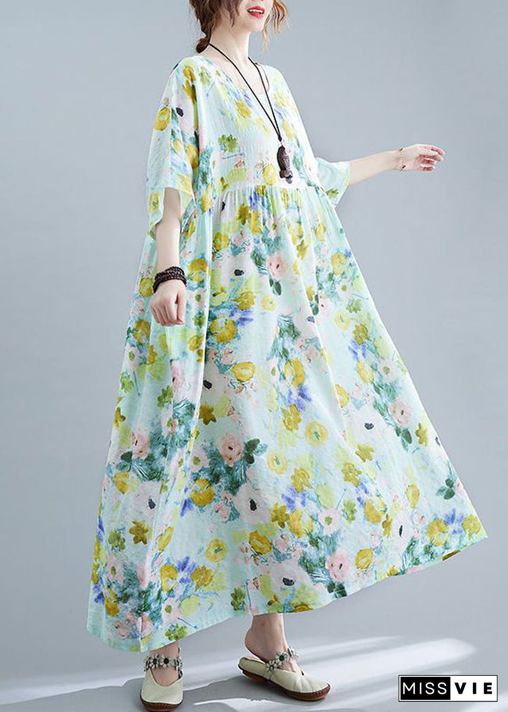 Elegant Green Oversized Print Cotton Maxi Dresses Summer