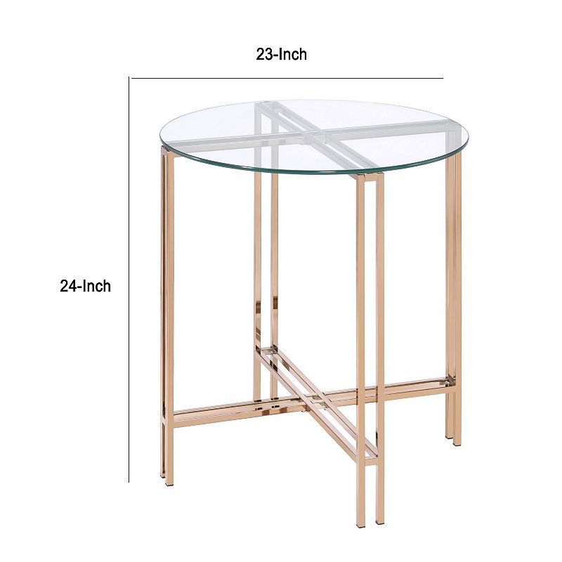 End Table with X Shaped Metal Base and Round Glass Top， Gold