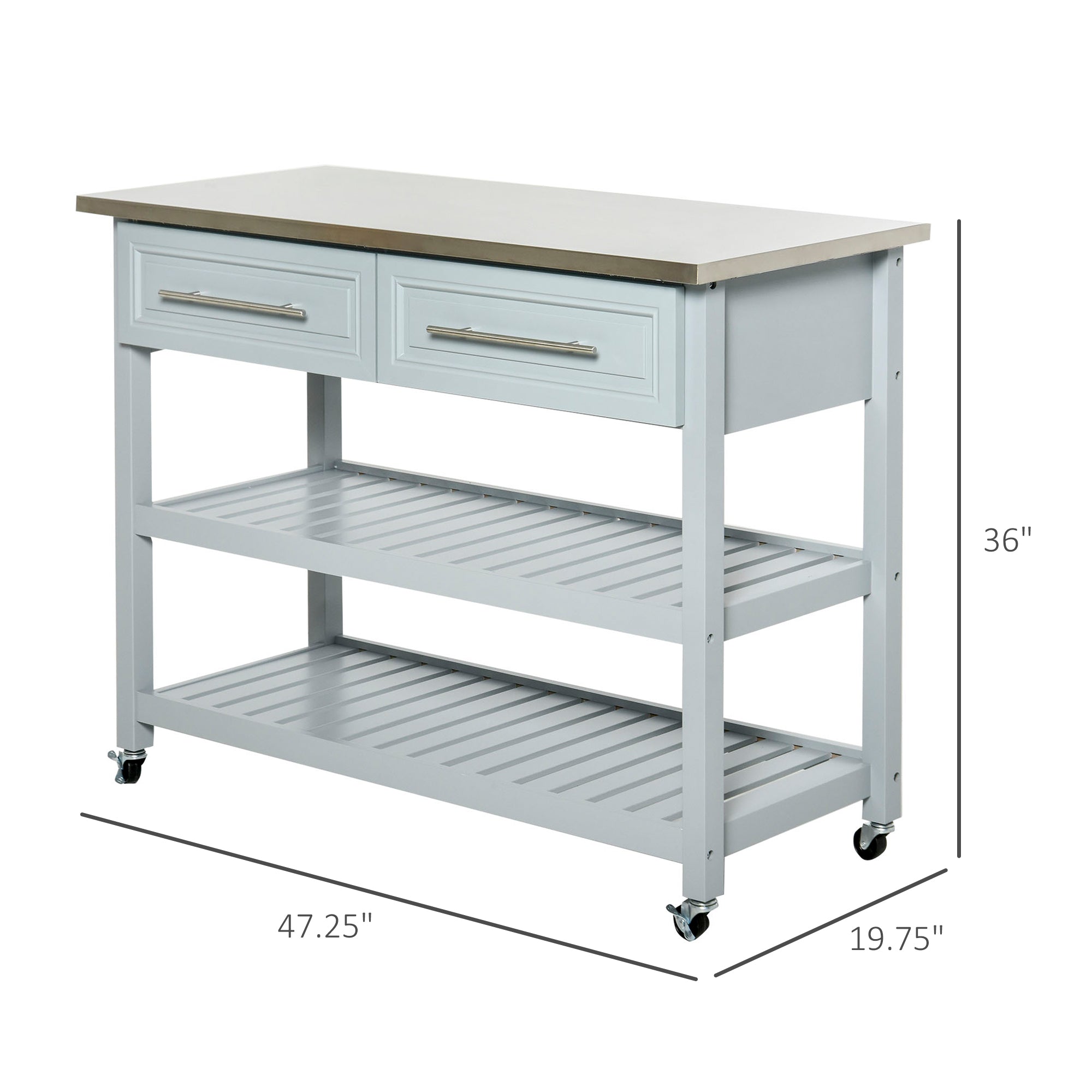 HOMCOM Rolling Kitchen Island Cart with Drawers， Shelves， and Stainless Steel Top - Grey