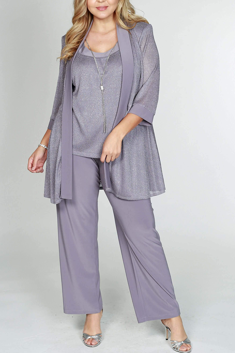 Plus Size Mother Of The Bride 3/4 Sleeve Solid Three Pieces Set Pant Suits (Without Necklace)