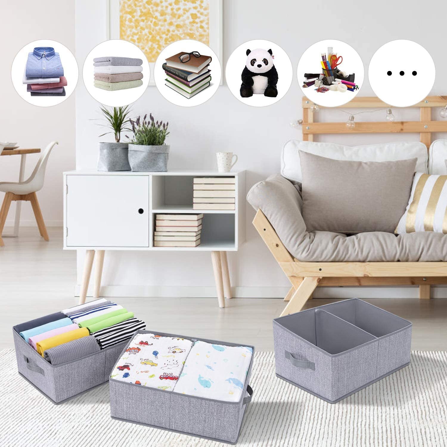 DIMJ Storage Bins, 3 Pcs Fabric Storage Cube Bins, Folding Closet Organizer Baskets Trapezoid Toys Organizer Box for Kids, Jeans, DVD, Book, Baby Clothes Organizer, Home Organization, Ash Gray