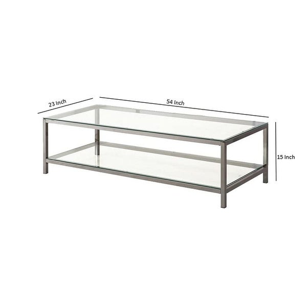 Glass Top Coffee Table with Metal Frame and Open Shelf， Silver - as picture