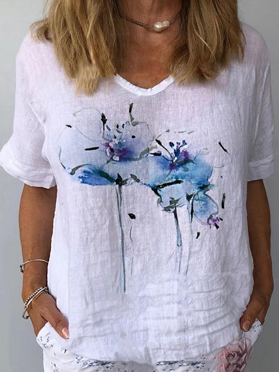 Fashion Casual Floral Print Crew Neck Short Sleeve Blouse