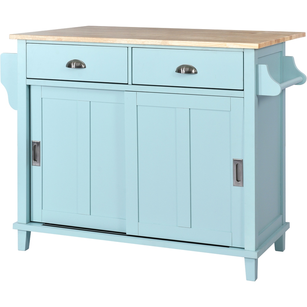 Kitchen Cart with Rubber wood Drop Leaf Countertop  Concealed Sliding Barn Door  Storage Cabinet   2 Drawers for Dinning Room