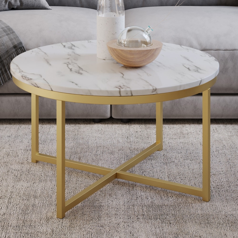 Lavish Home Round Coffee Table with Faux Marble Top  White/Gold