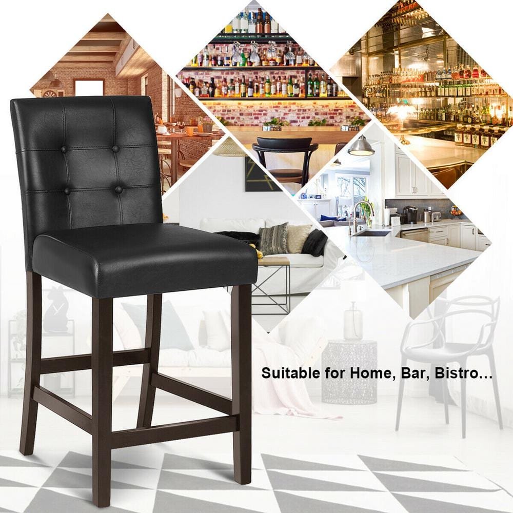 Gymax 39.5 in. Bar Stools High Back Counter Height Barstool Pub Chair Rubber Wood Black (Set of 2) GYM04737