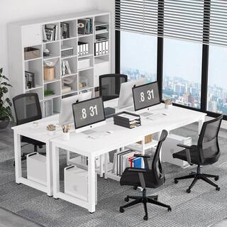 TRIBESIGNS WAY TO ORIGIN Halseey 78 in. Rectangular White Wood Computer Desk Two Person Writing Desk with Metal Frame and Storage Shelves HD-ZK10003