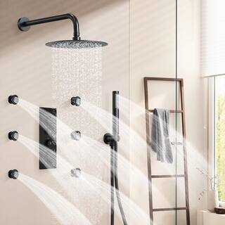 CRANACH 7-Spray Patterns Thermostatic 2.5 GPM 12 in. Wall-Mounted Shower Head with 6 Jets in Matte Black (Valve Included) M6379BI-12BL-1