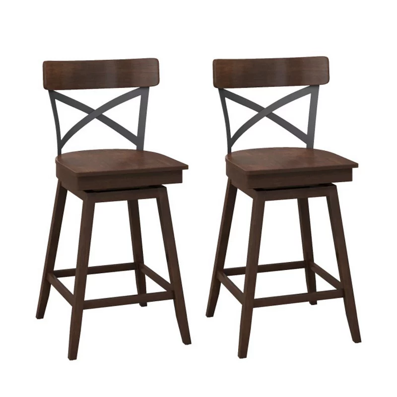 Hivago Set of 2 Wooden Swivel Bar Stools with Open X Back and Footrest-24 inches