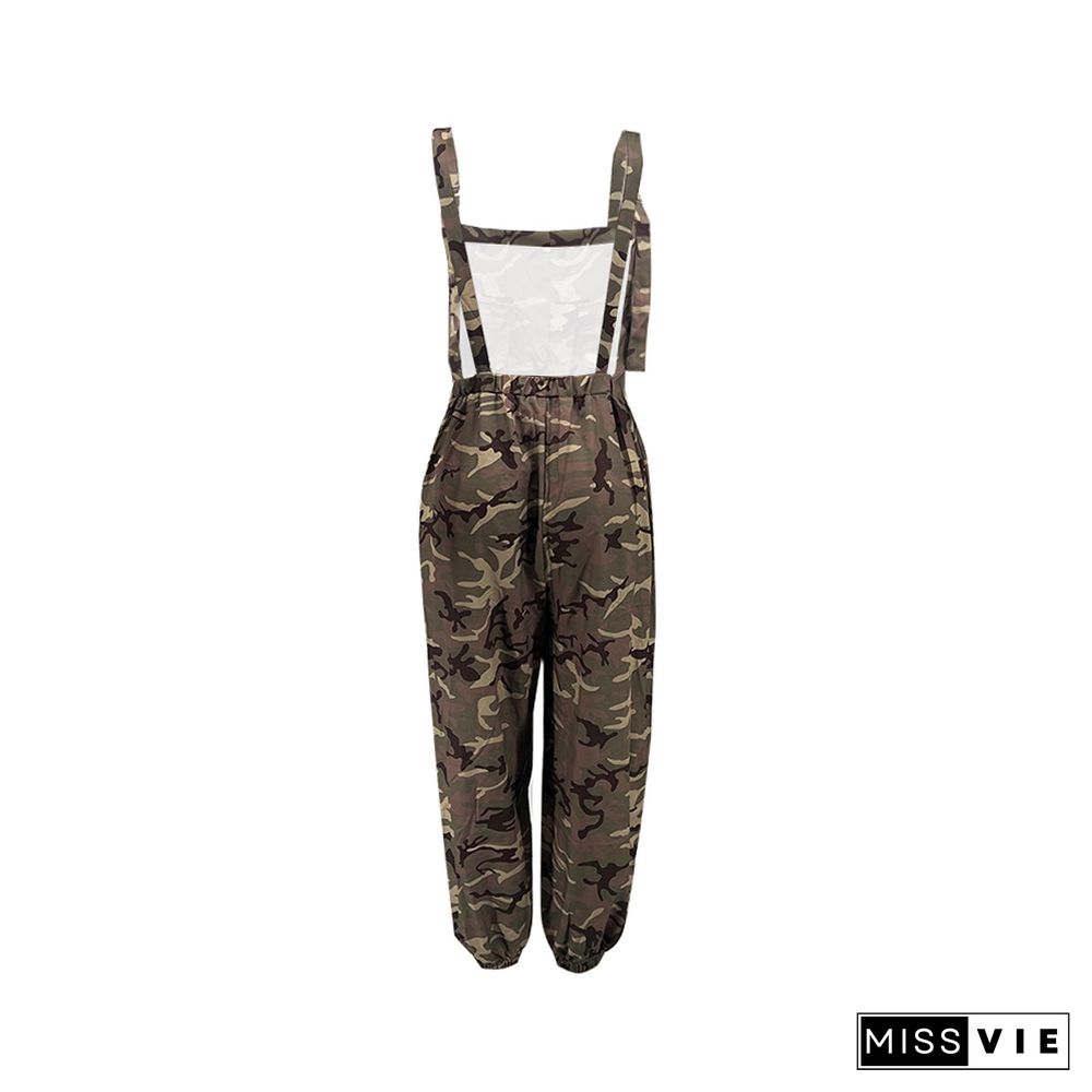 Camo Print Backless Suspenders Cargo Jumpsuits