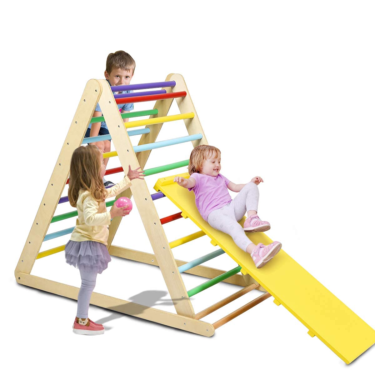 Costzon Foldable Triangle Ladder with Ramp, 3 in 1 Toddler Wooden Activity Climber for Sliding & Climbing