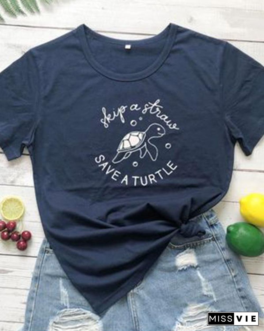 Skip A Straw Save A Turtle Shirt Womens Graphic Tee Short Sleeve