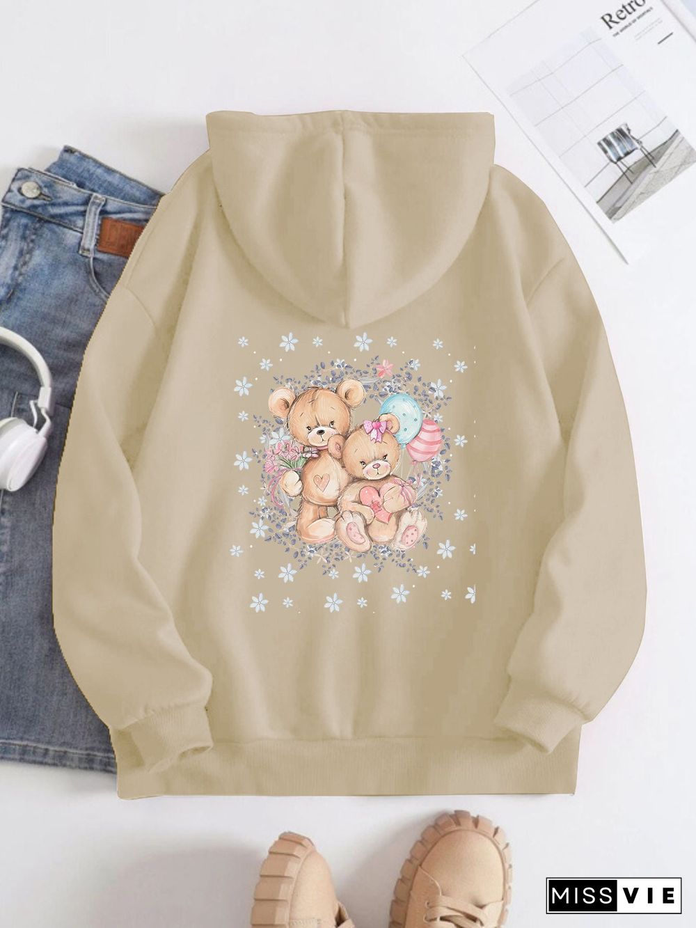 Printed on the Back Kangaroo Pocket Hoodie Long Sleeve for Women Pattern Bears and Flowers