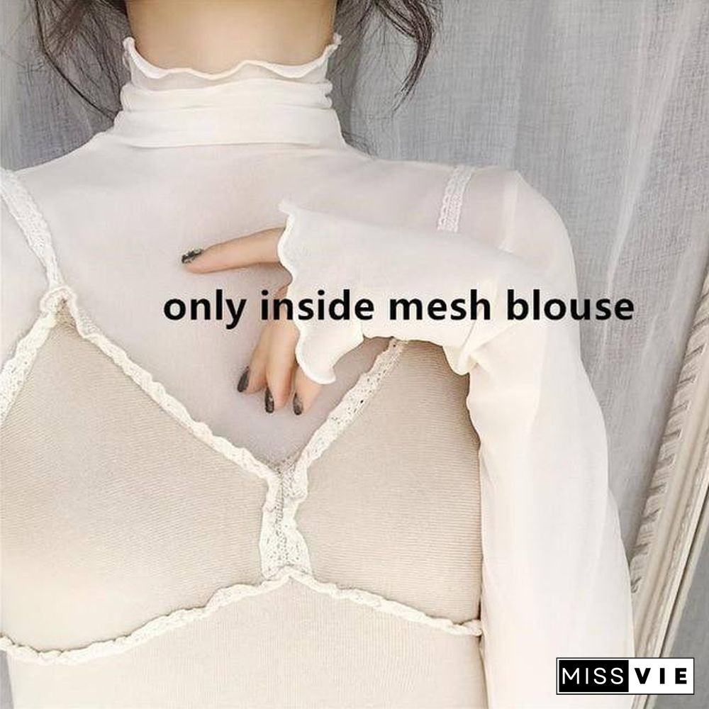 New Transparent Korean Loose Women Lace Blouse 3 Colors Female Bottoming Blouses Plus Size Cheaper Tops