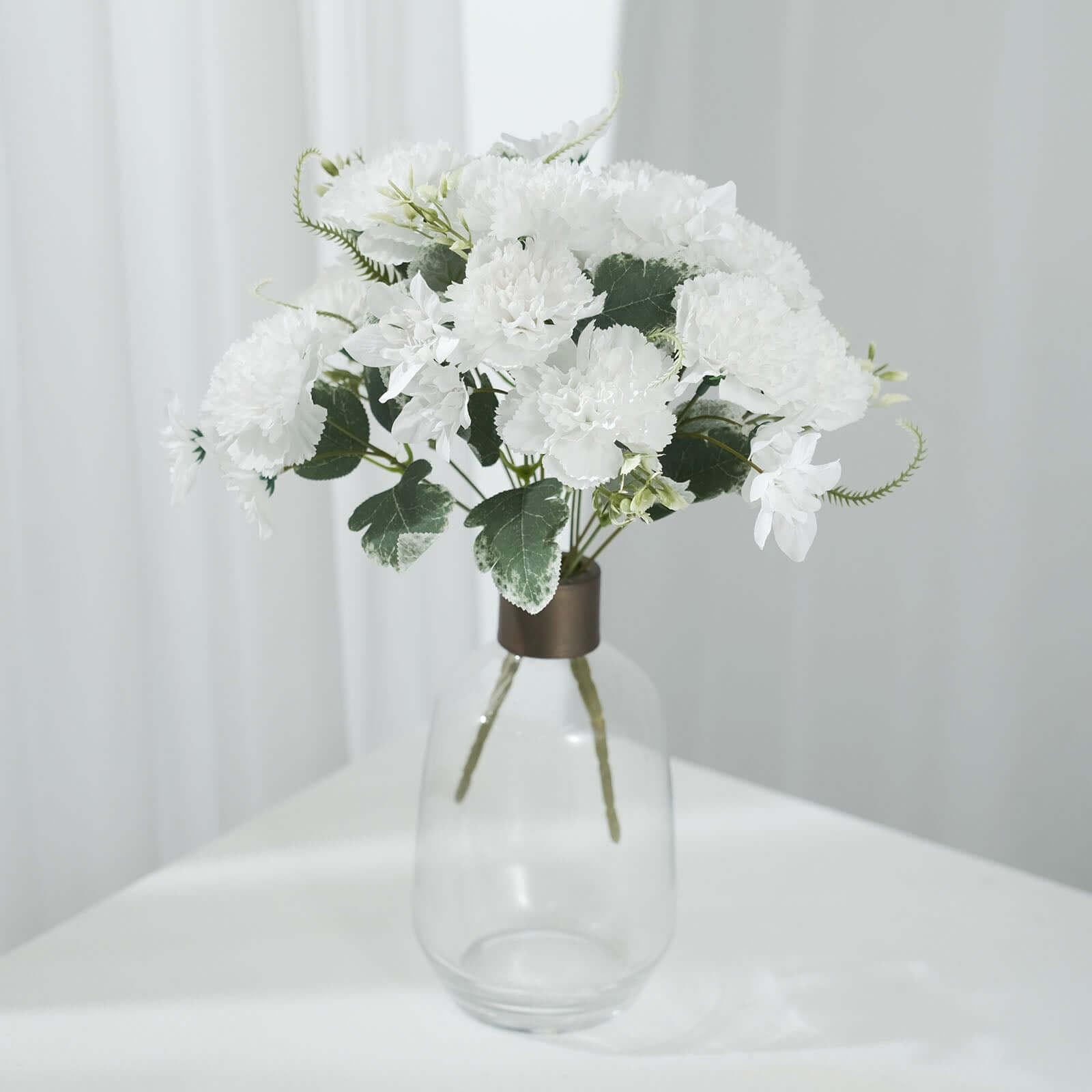 3 Pack White Artificial Silk Carnation Flower Bouquets, Faux Floral Arrangement Bushes 14