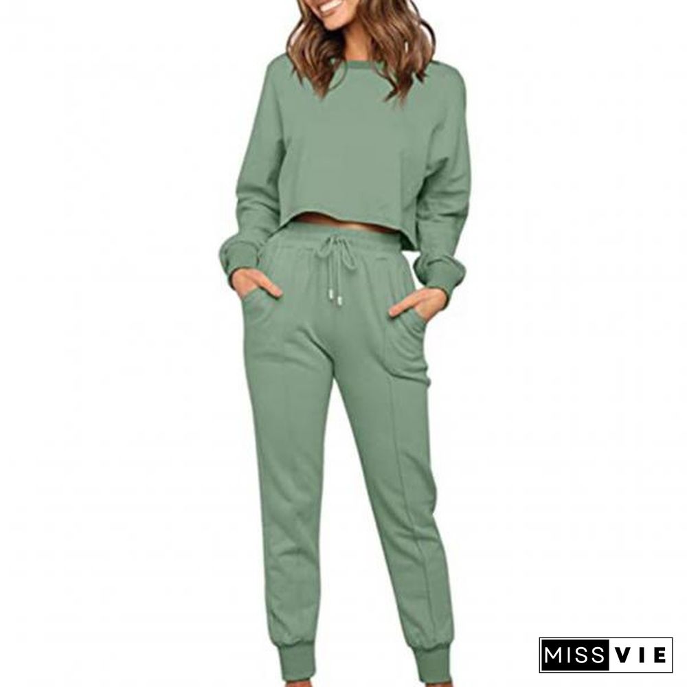 Useful Tracksuits Solid Color Quick Drying Two Piece Outfit Long Sleeve Crewneck With Pants