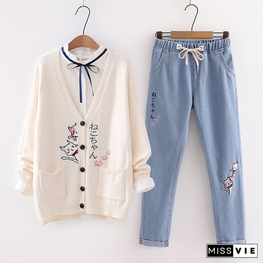 Cartoon Cat Print Cardigan Sweater Shirt Denim Pants Set