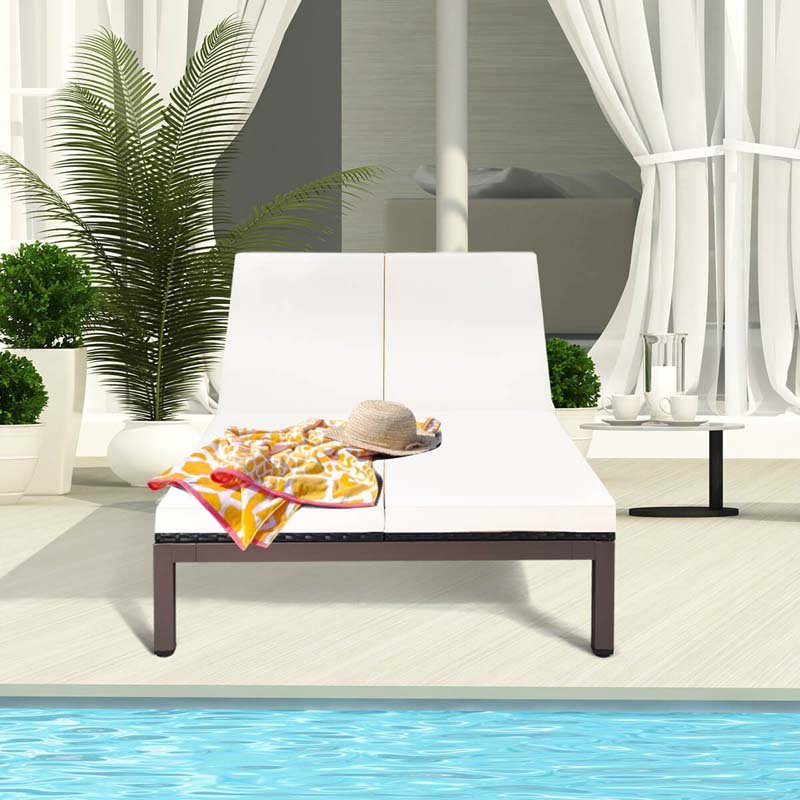 2-Person Rattan Patio Daybed Double Outdoor Chaise Lounge Chair with Adjustable Backrest, Wheels & Cushion