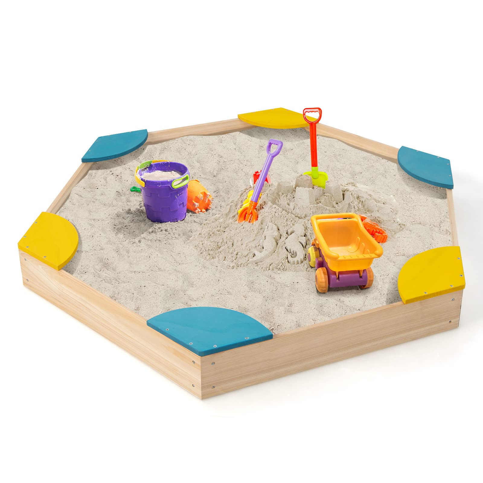 Costzon Kids Sandbox, Hexagon Large Cedar Wood Sand Box with 6 Built-in Corner Seating