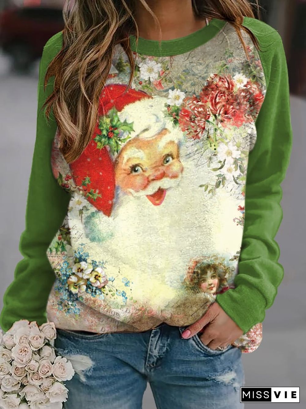 Women'S Merry Chrismas Print Crew Neck Sweatshirt