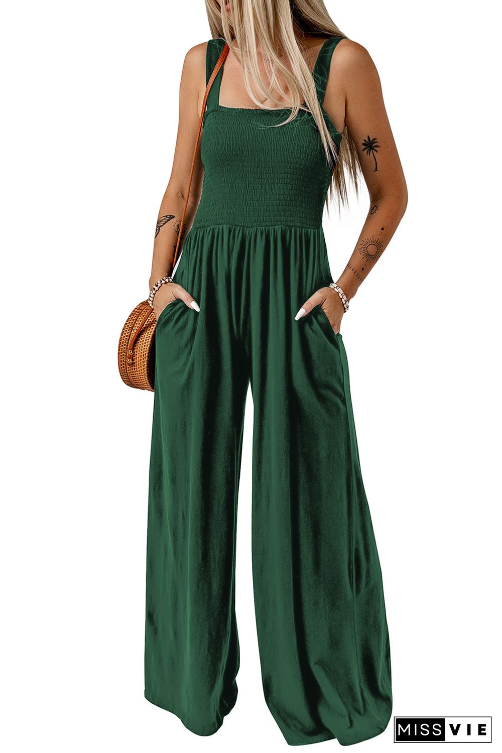 Green Smocked Sleeveless Wide Leg Jumpsuit with Pockets