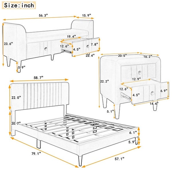 4-Pieces Bedroom Sets Queen Size Upholstered Platform Bed with Two Nightstands and Storage Bench - - 38051779