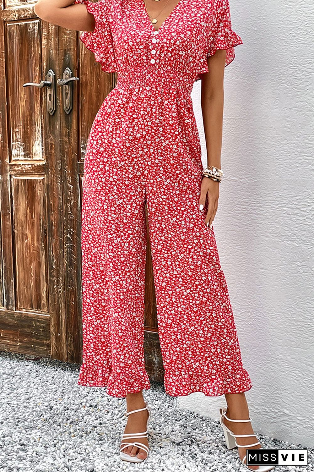 Red Floral Print Ruffle Sleeves Wide Leg Jumpsuit