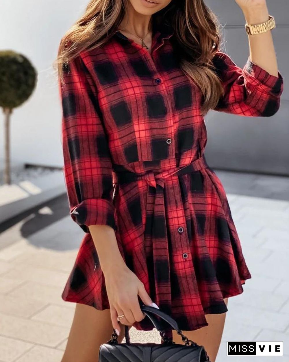 Plaid Colorblock Long Sleeve Shirt Dress P13915