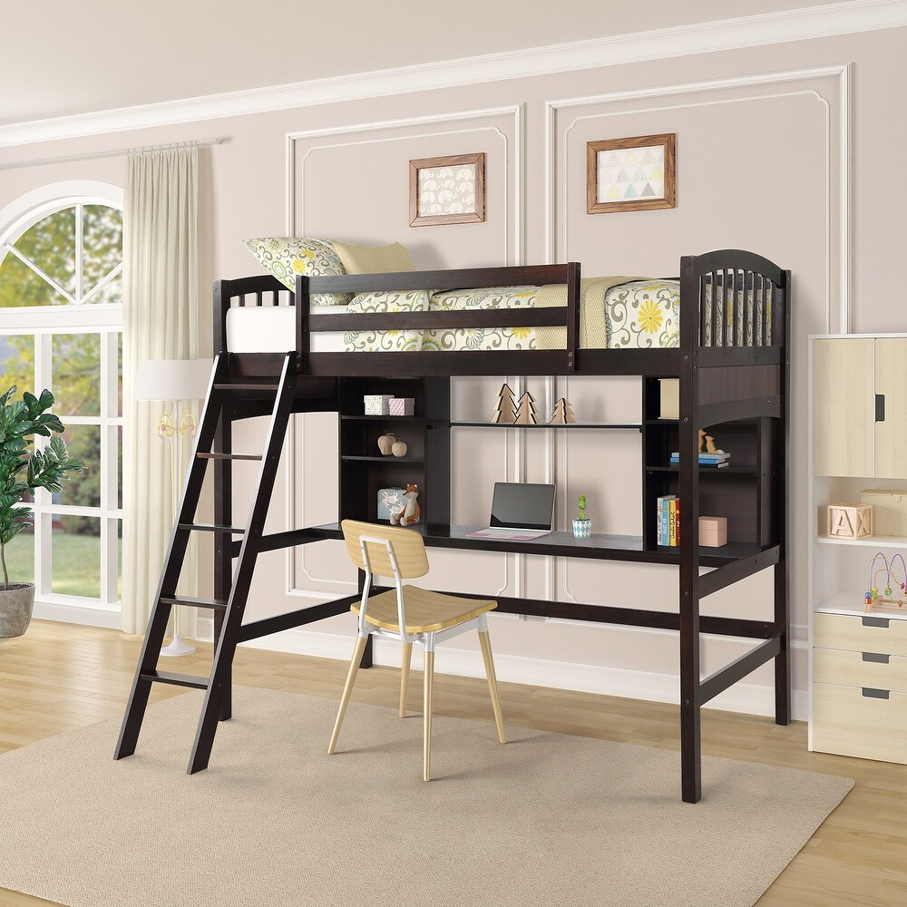 Multifunctional Design Twin size Loft Bed with Storage Shelves  Desk and Ladder