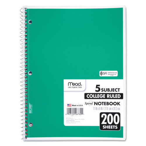 Mead Spiral Notebook， 5 Subjects， Medium/College Rule， Assorted Color Covers， 11 x 8， 200 Sheets (06780)